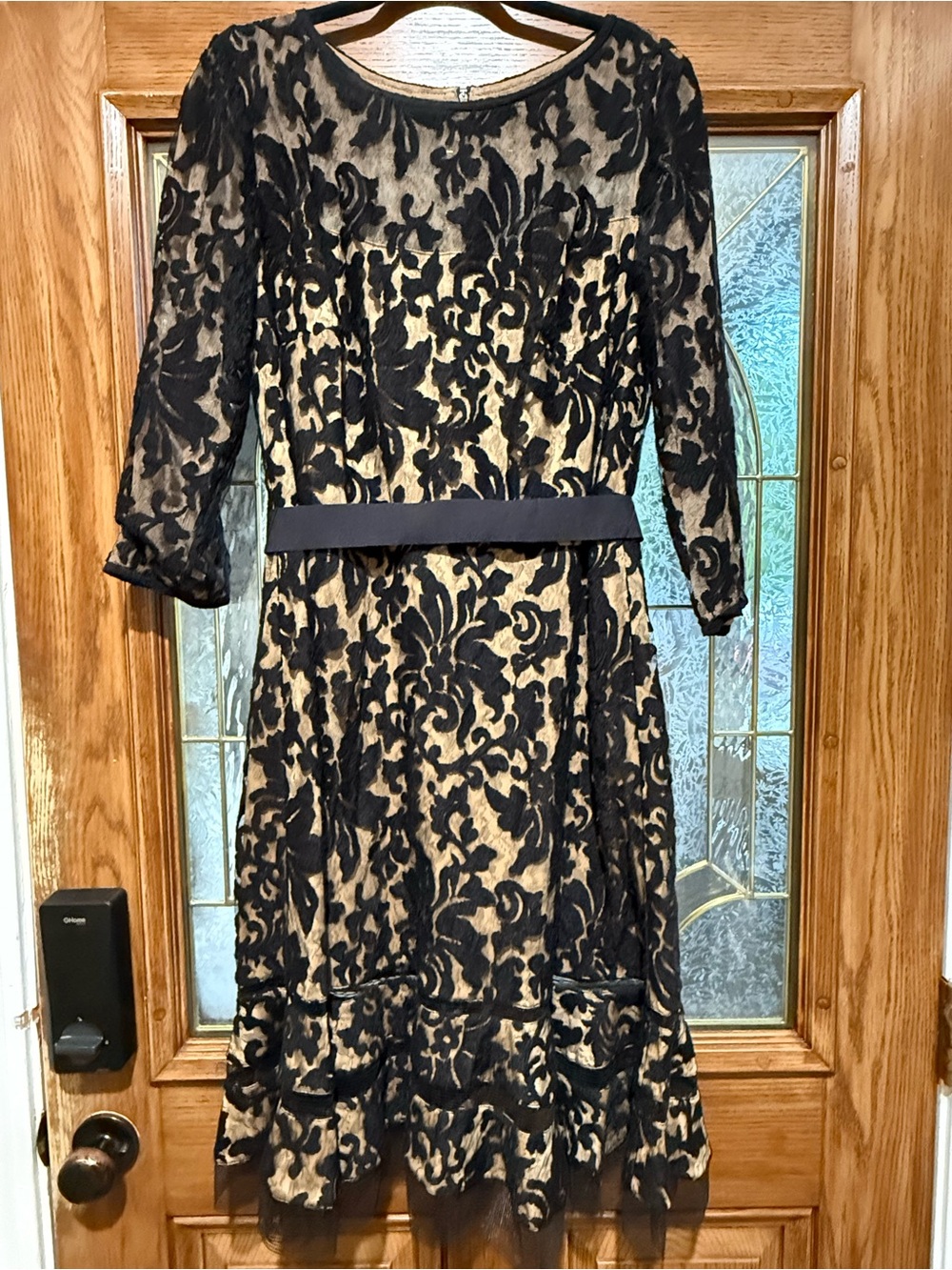 Tadashi Shoji Black Lace Overlay on Gold Sheath Dress